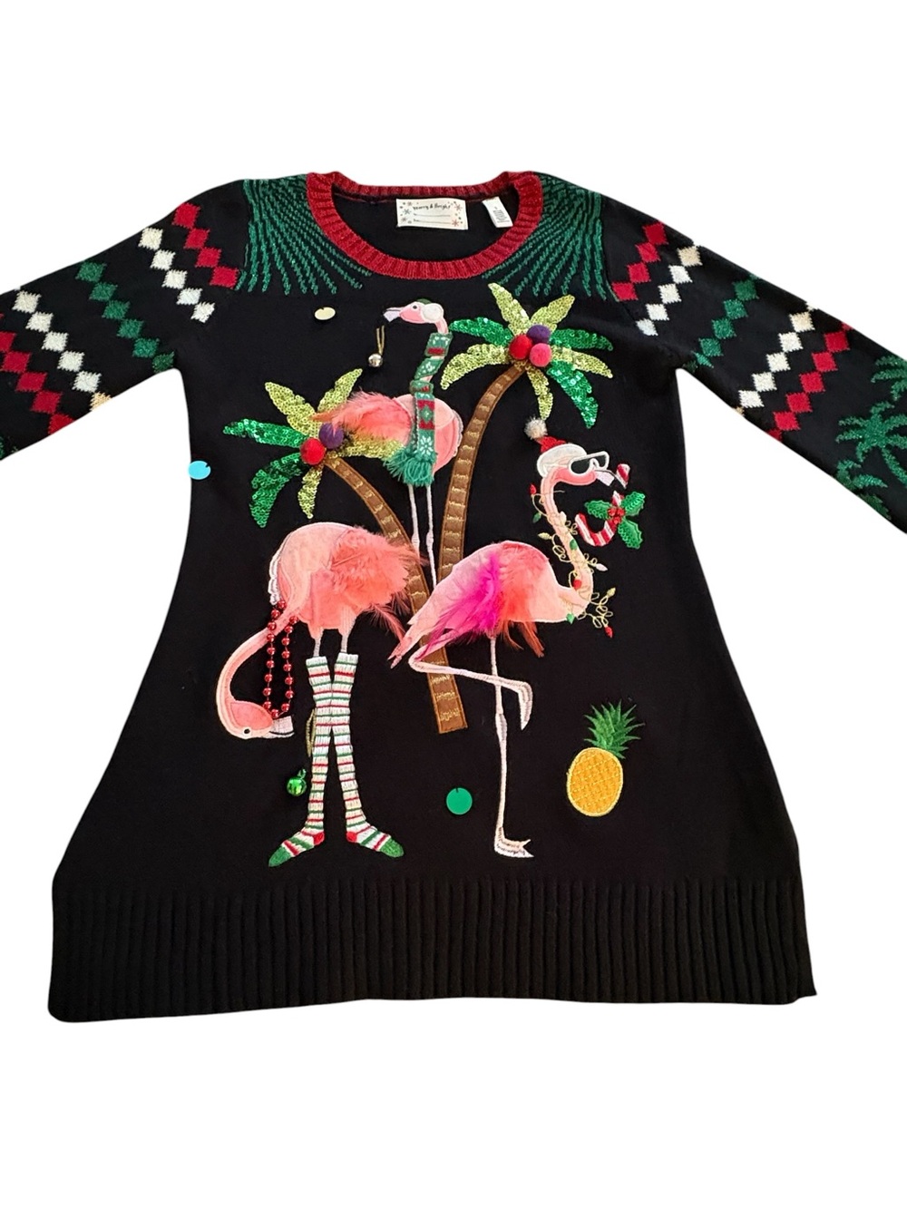 Festive Flamingo Knit Tunic Black Sweater with Pink Feathers